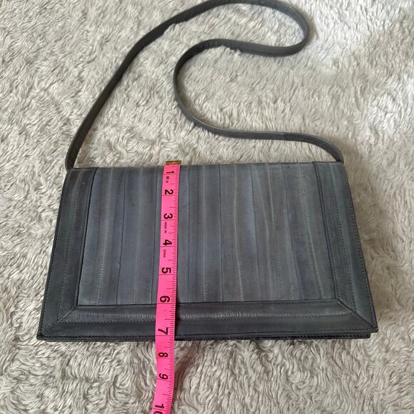 Gorgeous Vintage Eel Leather Muted Gray Blue Rectangle Shoulder Bag Classic - Picture 6 of 7
